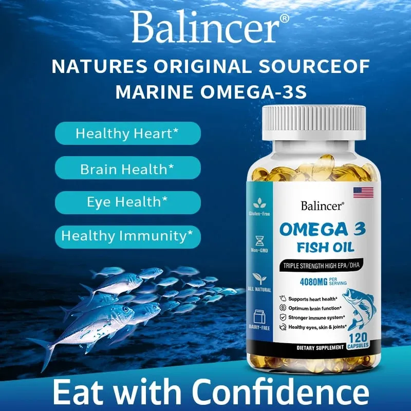 Balincer Wild Caught Omega 3 Minyak Ikan Softgels- Kekuatan Tiga Kali Lipat Tinggi EPA 1200mg DHA 900mg Non-GMO Suplemen Makanan Bebas Gluten