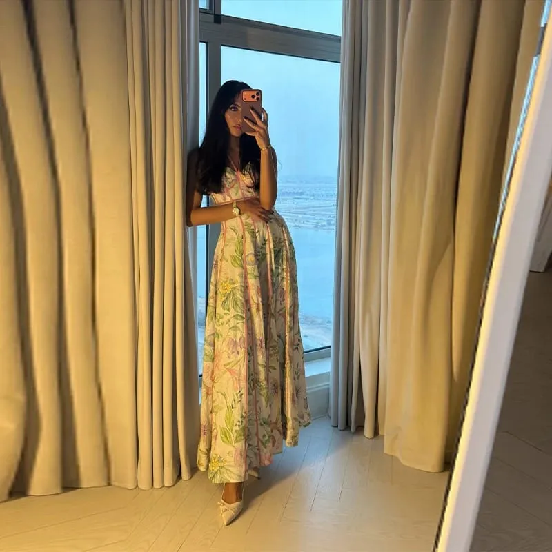 Women's Retro Floral Print Corset Maxi Dress Sexy Sleeveless Halter Neck Flowy Long Dress Lady Summer Vacation Dating Streetwear