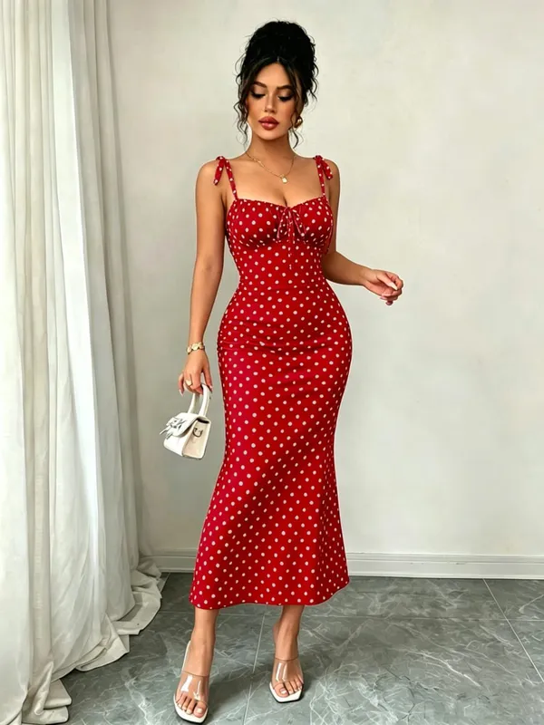High-Elasticity Red Polka Dot Fishtail Skirt with Shoulder Straps + Chest Ruching for a Strong Waist Cinch Slim Fit Hip-Hugging Vintage Mid-Length Skirt