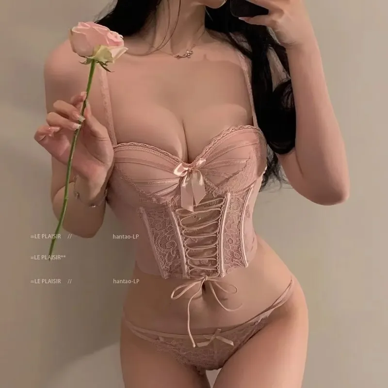 Bra Set Sweet Fishbone Halter Tank Top with Bra Pads Gathered Top Thin Bottom Thick Design Women's Lingerie Set
