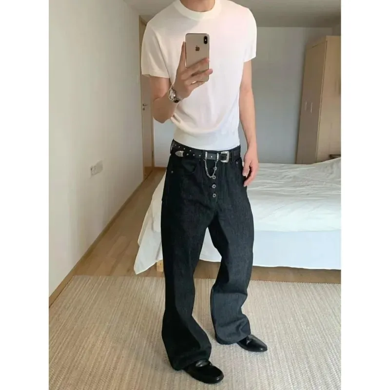 Mens Jeans Harajuku Summer Hong Kong Style Letter Print Denim Pants Hip Hop Ins High Street Trendy Loose Cool Fashion Trousers