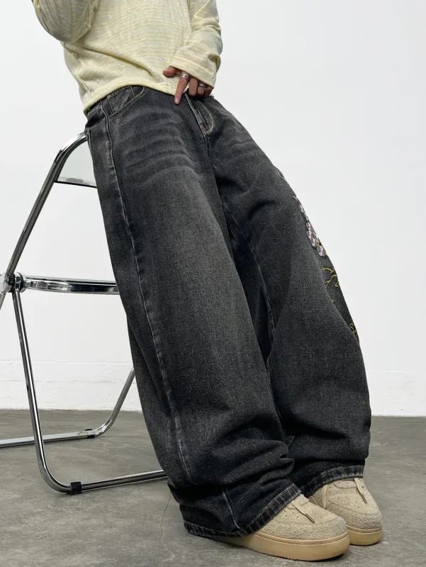 American Retro Washed Distressed Dragon Embroidery Men's Loose Wide-Leg Jeans Street Hip-Hop Trend Fashion Versatile Trousers