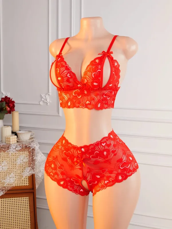 Pink Lace Open Brassiere Crotchless Panties Sexy Lingerie Female Sling Seductive Women's Fetish Transparent Underwear Sets