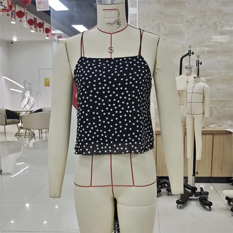 Women Polka Dot Chiffon Cami Top Spaghetti Strap Crisscross Tie Backless Asymmetric Hanky Hem Cropped Camisole Summer Tank Top