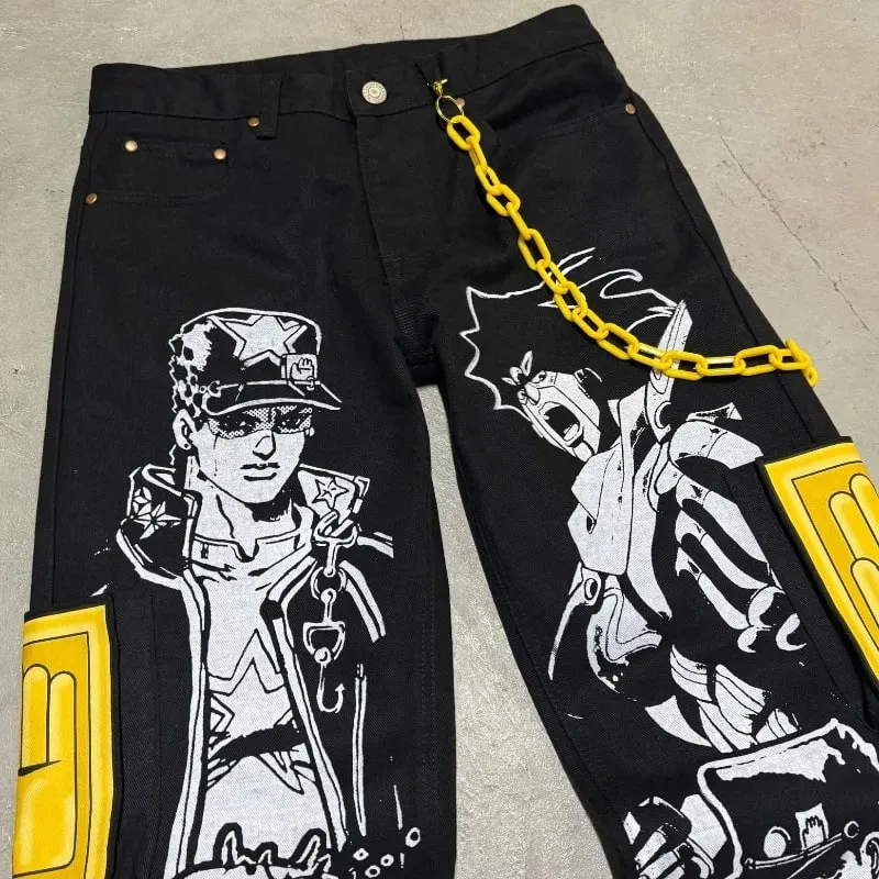 Anime Print Baggy Jeans Men Harajuku Hip Hop Black Denim Pants Streetwear Y2K Manga Graphic Wide Leg Trousers Gothic Clothes