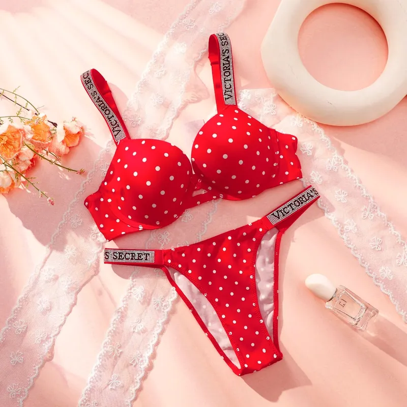 VS Bra And Panty Set Sexy Lingerie Sleepwear Pajamas Plus Size Soft Comfortable Luxury New Arrival Women Polka Dot Lace Push Up