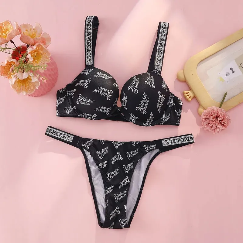 Victoria s Secret Rhinestone Logo Shoulder Straps Lace Underwear Sexy Lingerie Set Push Up Bra And Panties Set For Women — image 8