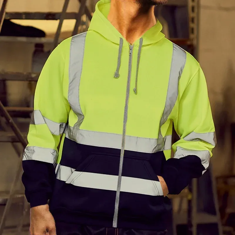 Reflective Work Safety Men Hoodies Drawstring Loose Zipper Jacket Autumn Thin Fleece Hooded Pullover Coat Casual Work Sweatshirt