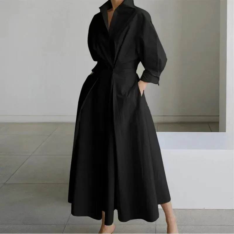 Elegant Women's Summer Dresses 2026 Loose A Line Maxi Shirt Long Sleeve With Pockets Office Commuter Street Casual Long Dress