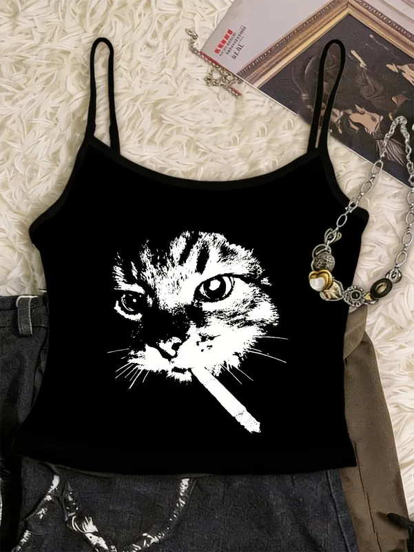 Trendy Retro Smoking Cat Print Camisole Top Y2k Style Streetwear Spring/Summer Women's Vest Graphic Crop Top Tank Top