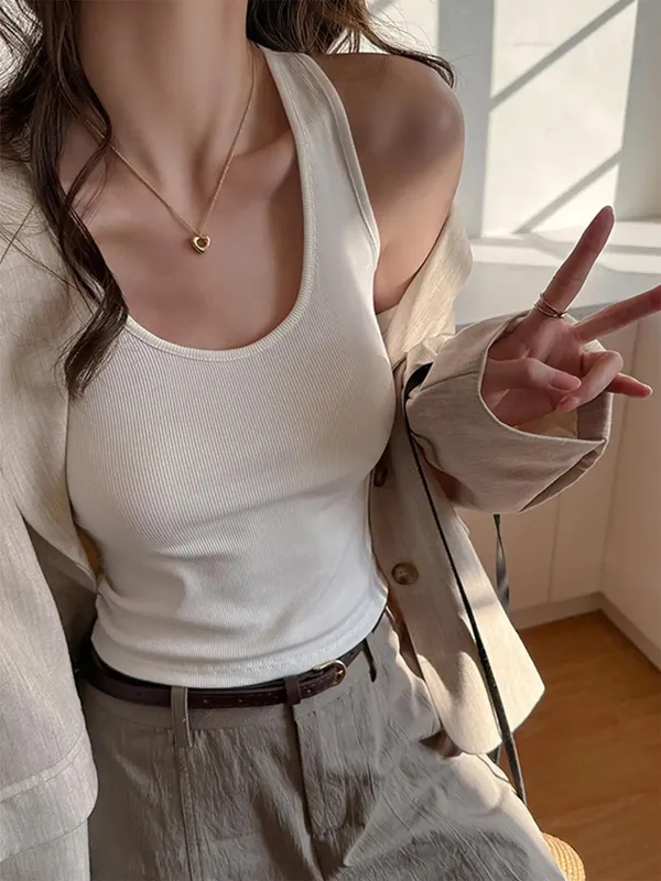 Women's Solid Color Lace Korean Vest Summer Trendy Singlet Cotton Sleeveless Camisole U-Neck Comfortable Female Tank Tops — image 3