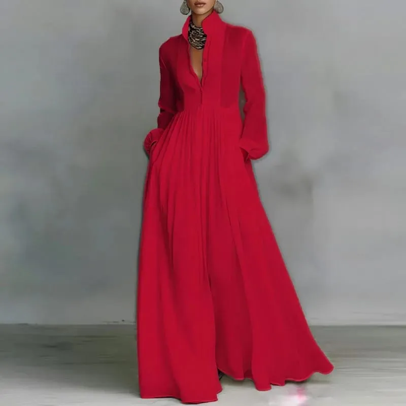 Francouzské elegantní swingové dlouhé šaty s vysokým pasem žena jarní plné kapsy plisované maxi šaty podzimní večerní šaty s dlouhým rukávem — image 5