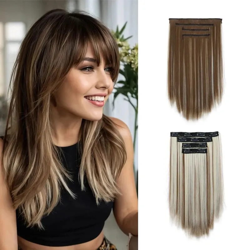 35CM Syntetisk 4 stk/sæt Clips i hårforlængelser Kort lige frisure Blond sort hårstykker Varmebestandigt falsk hår — image 2