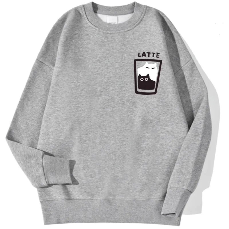 Cat Latte Cartoon Design Men Sweatshirt Fashion Casual Hooded Vintage Loose Hoodies Korean Fleece Clothing