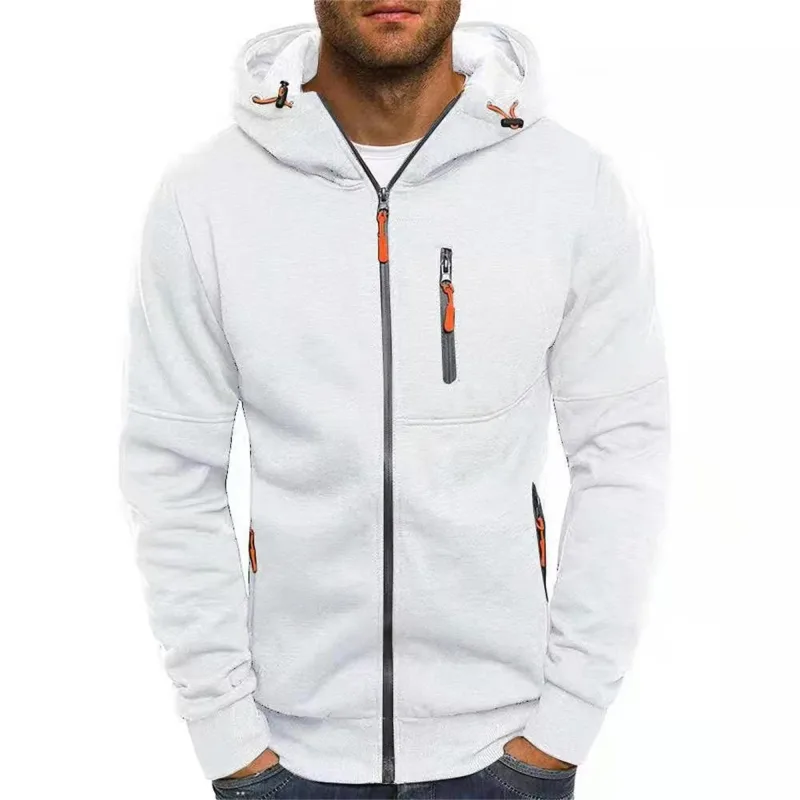 Men's Grey Hooded Sweatshirt Full Zipper Casual Sportswear with Pockets Orange Drawstring plus Size Available