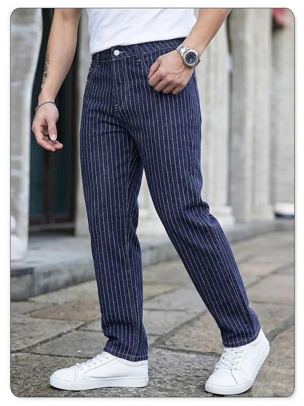 Light Luxury Blue White Striped Jacquard Slim Elastic Fit Straight Leg Jeans Business Casual Style Commuting Denim Pants