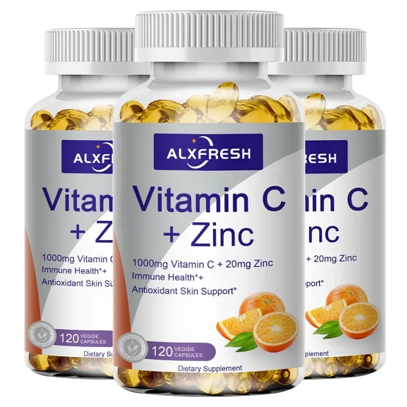 Alxfresh C-vitamin 1000mg med zink 20mg | Vitamin kosttilskud | Ikke-GMO og glutenfri vegansk | til immunstøttehætter