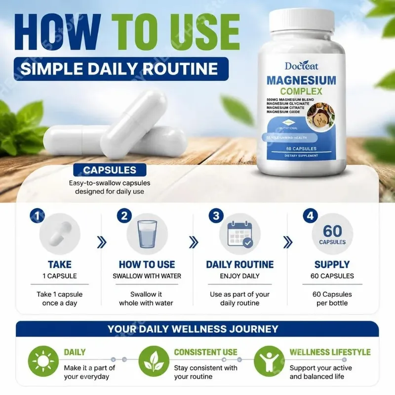 Docteat Magnesium Complex Capsules with 500mg Magnesium Blend Supports Nerve Health and Energy Metabolism Daily 60 Capsules