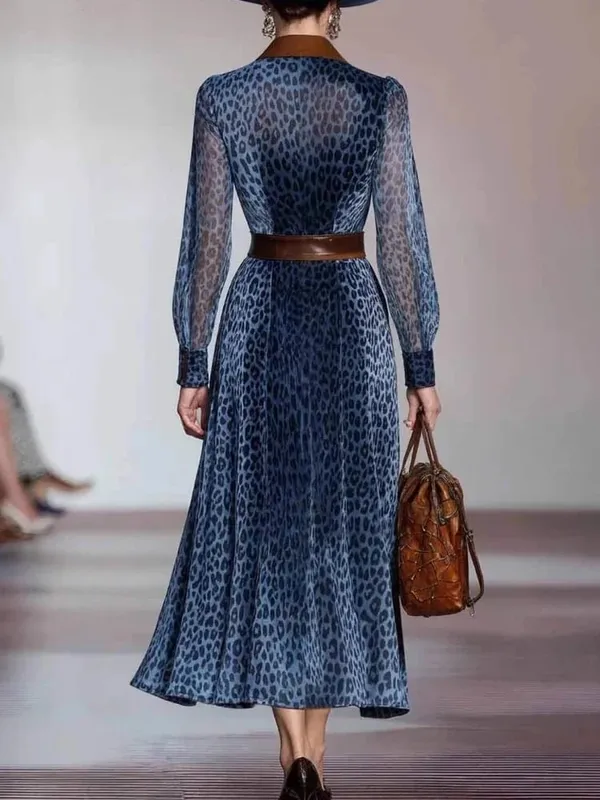 Women Elegant Dress Leopard Printed Mesh Dress Colorblock Lapel Collar Single Breasted Vintage Chic Long Sleeve Dress