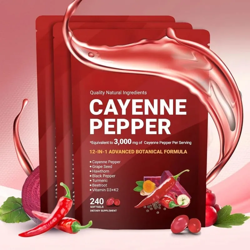Supplément de gélules au poivre de Cayenne avec pépins de raisin betterave curcuma vitamines D3 K2 à base de plantes soutient la santé des vaisseaux sanguins des veines des jambes