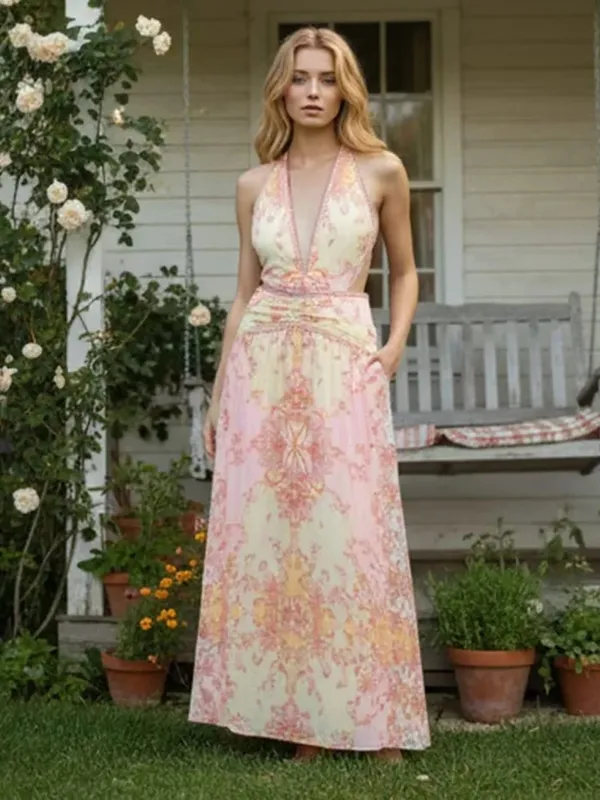 Robe dos nu imprimé Floral pour femmes, Chic, col en v, sans manches, dos nu, cintrée à la taille, Maxi, Robes de vacances, nouvelle collection été 2026 — image 2