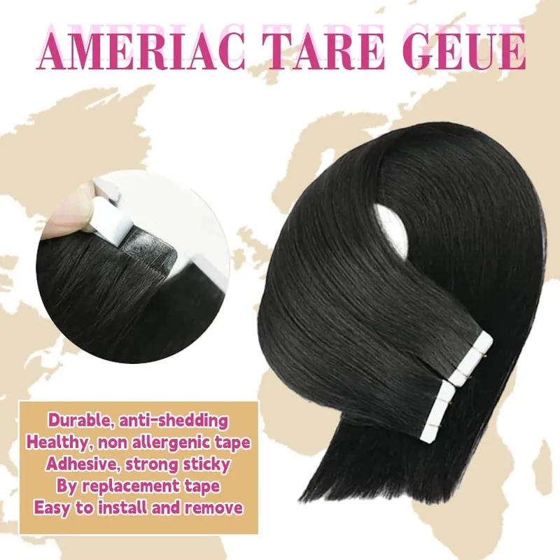 Tape In Hair Extensions Human Hair Natural Black Real Human Hair 20Pcs 50G/Pack Straight Seamless Skin Weft Tape Hair Extensions — image 5