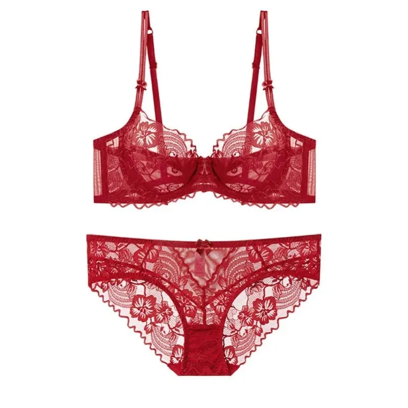 Everyday Lace Lingerie Ultra-thin Breathable Upper Support Anti-sag No Sponge Transparent Bra Set ladies Basic Underwear S-XL