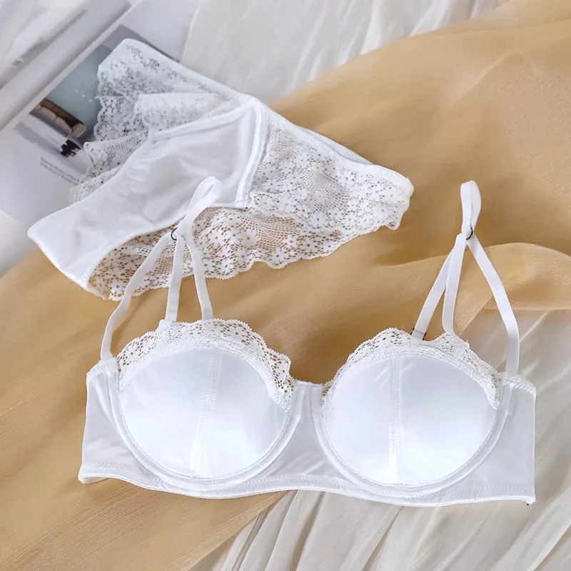 Sexy Lace Trim Half Cup Bra Thin 1/2 Cup Girly Comfort White Lingerie Set Large Size Women Bralette Underwear Sets