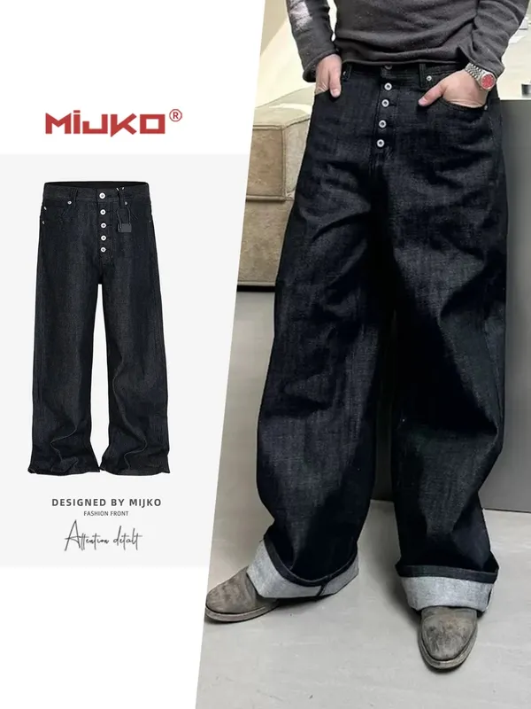 Men Women High Street Jeans American Retro Button Up Baggy Denim Dark Blue Original Vintage Casual Streetwear Trousers — image 2