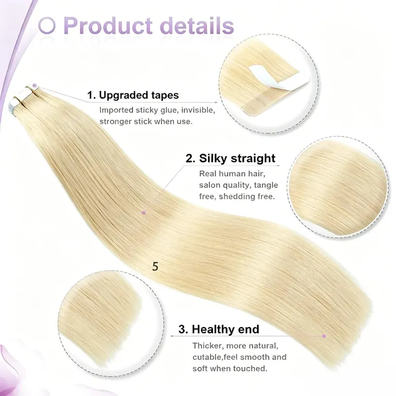 Tape In Human Hair Extensions 613 Straight Invisible Seamless Skin Weft Tape Ins Human Hair Extensions Salon Quality 60pcs