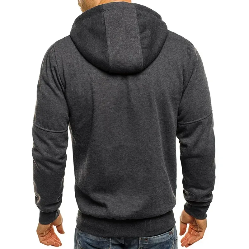 Men's Grey Hooded Sweatshirt Full Zipper Casual Sportswear with Pockets Orange Drawstring plus Size Available
