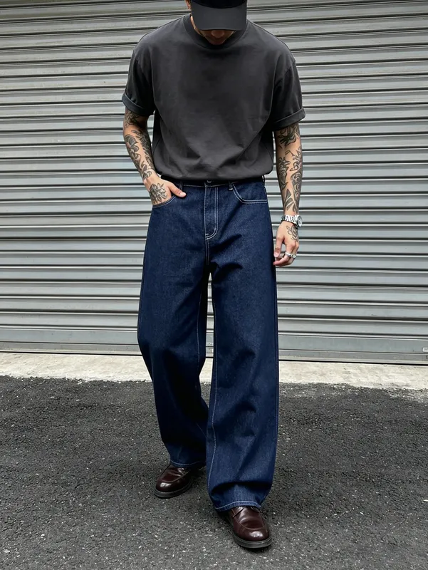 Denim Blue Dark Topstitched Wide-Leg Jeans Are the Same for Men and Women. They Are High-Waisted Loose and Floor-Length. They A — image 6