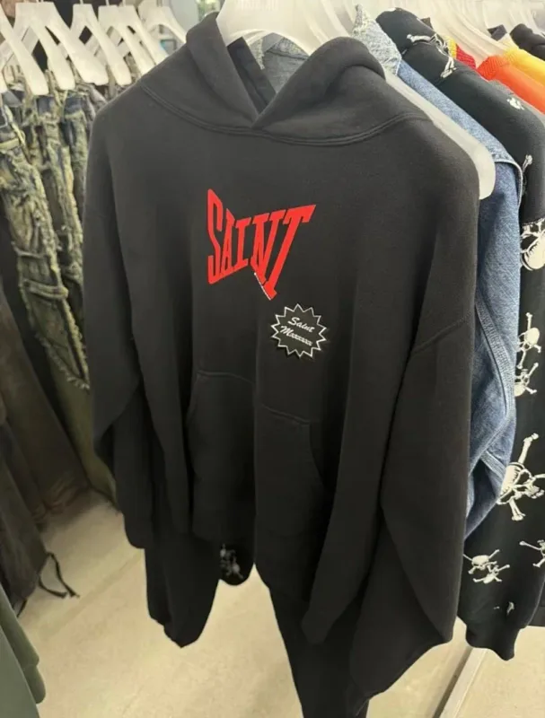 26FW SAINT x Ber B J Co-brand Big Logo Printed Women Men Washed Hooded Sweatshirt Hoodies Vintage Distressed Men Casual Hoodie