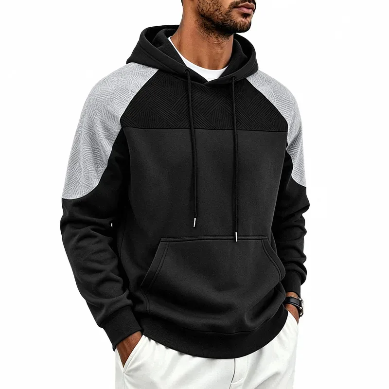 Men Patchwork Color Block Pullover Hoodie Drawstring Kangaroo Pocket Long Sleeve Loose Sweatshirt Autumn Winter Streetwear Tops — image 8