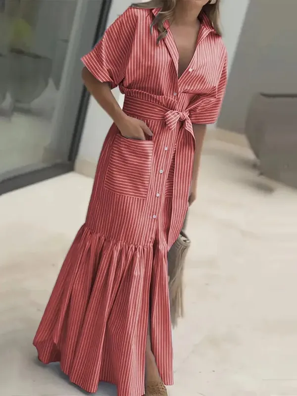 Striped Short Sleeved Loose Mid Length Lace Up Waist Dress With Single Breasted Pocket Shirt Dresses For Women Ropa Mujer