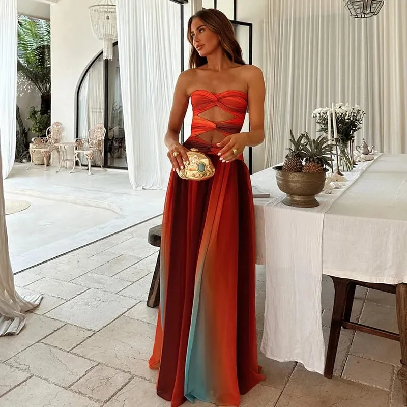 Tie-dye Gradient Hollow Out Women's Maxi Dress Elegant Off Shoulder A-line Hem Long Dresses New Summer 2025 Holiday Female Robes