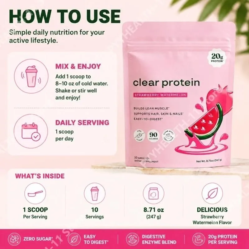Clear Protein Powder with 20g Protein Per Serving Digestive Enzyme Blend and Bovine Collagen Peptides - 10 Servings