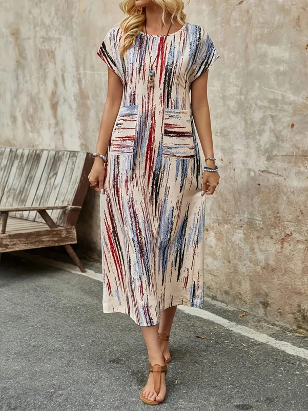 Elegant Directional Round-Neck Double Pocket Colored Stripe Long Summer Dress