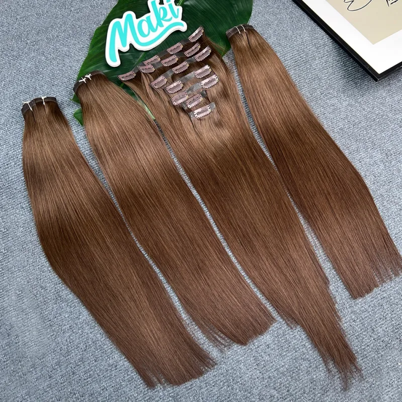 #2 Color Straight Clip ins Human Hair Extensions 100 Grams 7Pcs/Set Seamless PU Weft Clips in Vietnamese 100% Raw Virgin Hair — image 4