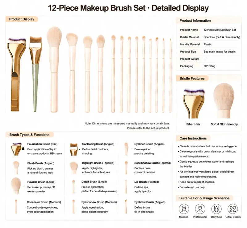 Professional 12PCS Makeup Brush Set with Foundation Brush Powder Brush Eyeshadow Brushes for Face & Eye Makeup
