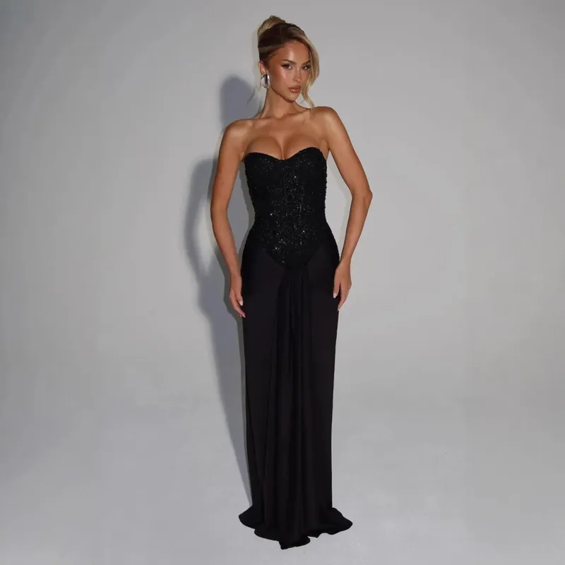 Sexy Sequin Patchwork Strapless Maxi Dress Women Sleeveles Off-shoulder Cinched-waist Pleated Dresses Lady Evening Party Gowns
