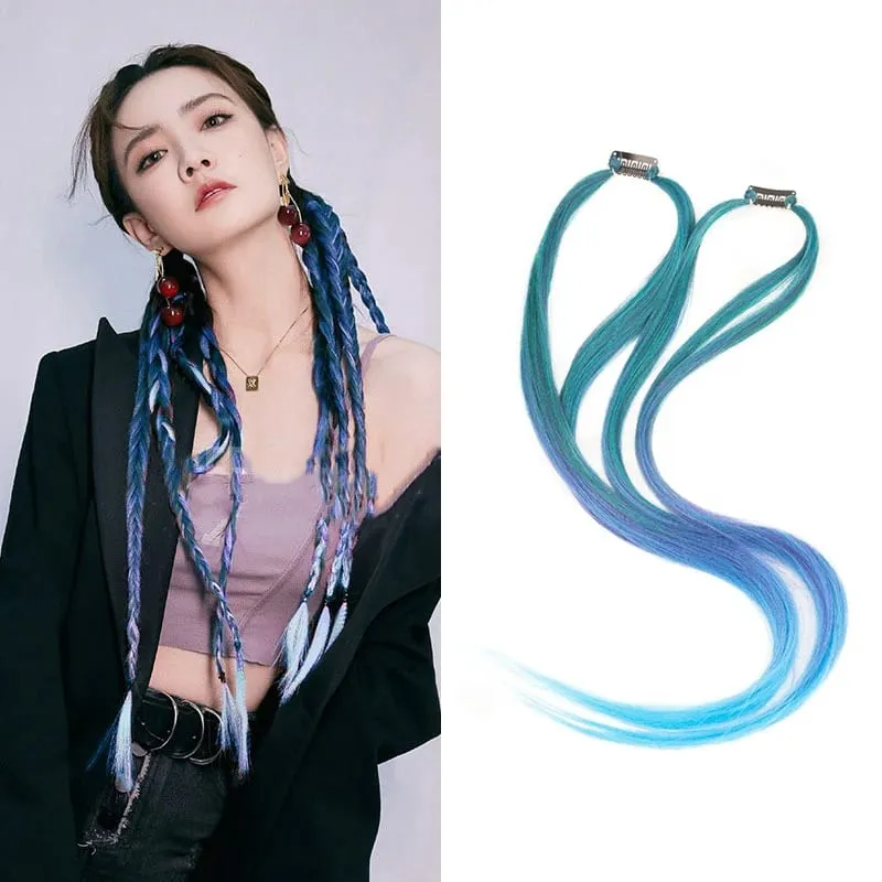 2PCS 60cm Synthetic Long Straight Hair Clips Rainbow Hair Extension Colored Red Green Blue Hairpiece for Women
