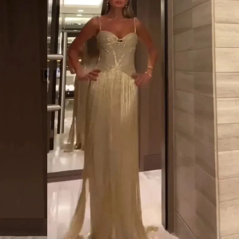 Sexy Off Shoulder Sleeveless Suspender Dress Women's Elegant High Waist Slim Tassel Long Dress Fashion Draped Solid Long Dress — image 5