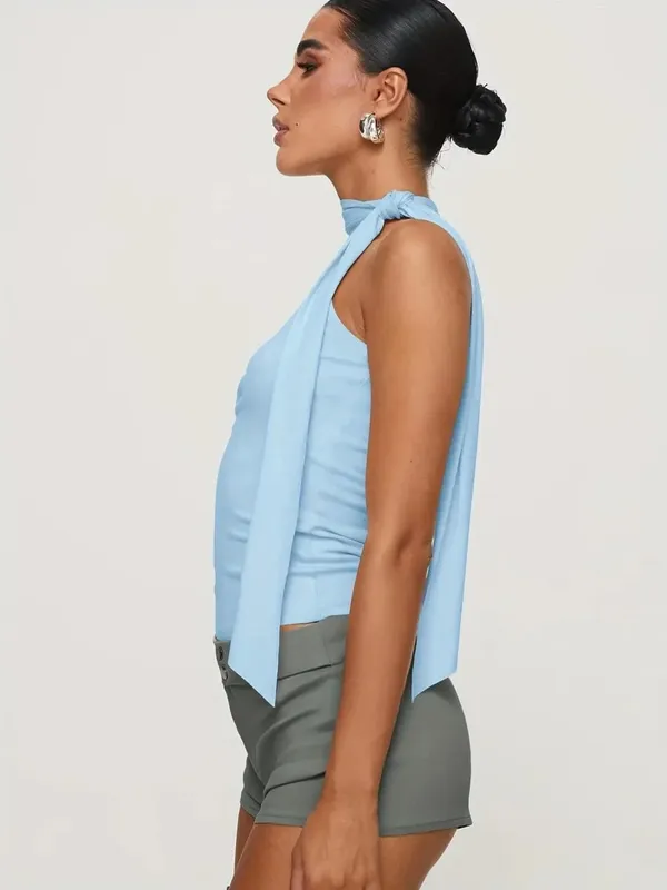 Women Solid Color Halter Neck Tie Detail Sleeveless Top Summer Casual Y2K Street Style Slim fit Crop Top