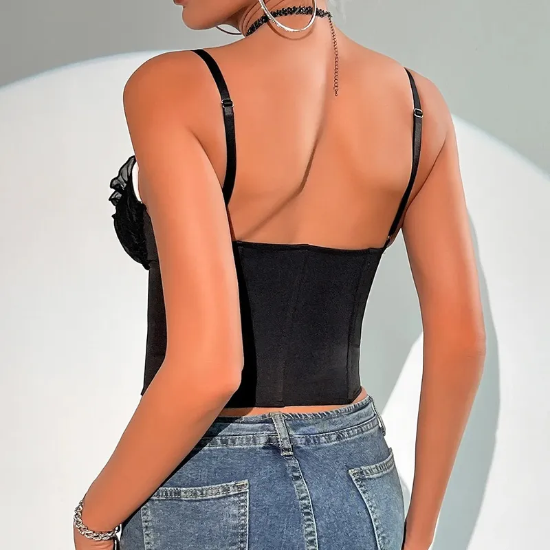 Haut court Sexy en dentelle, col en V, Y2K, Patchwork plissé, nœud papillon, Top Corset, dos nu, Slim, Camisole, Bustier en forme d'arête de poisson