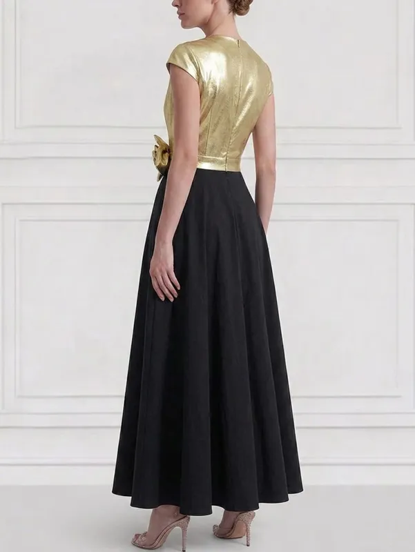 Women's Cap Sleeve V Neck Wrap Maxi Dress Contrast Splicing Floral Applique Detail A Line Pleated Long Dress Elegant Formal Evening Outfit