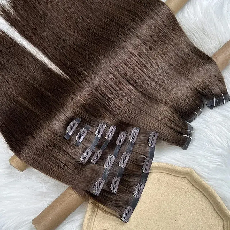 #2 Color Invisible Seamless Clip in Hair Extensions Straight PU Weft Clips In Double Weft 100% Raw Virgin Human Hair 7PCS/100g — image 6