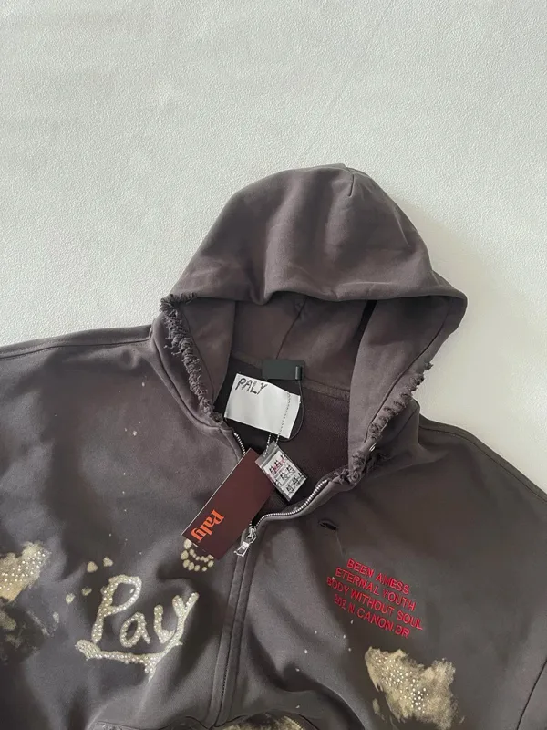 Washed Graffiti PALY Hoodies Men Woman Vintage Damaged Hole Old New Autumn Winter Zipper Hooded Pullovers Sweatshirts