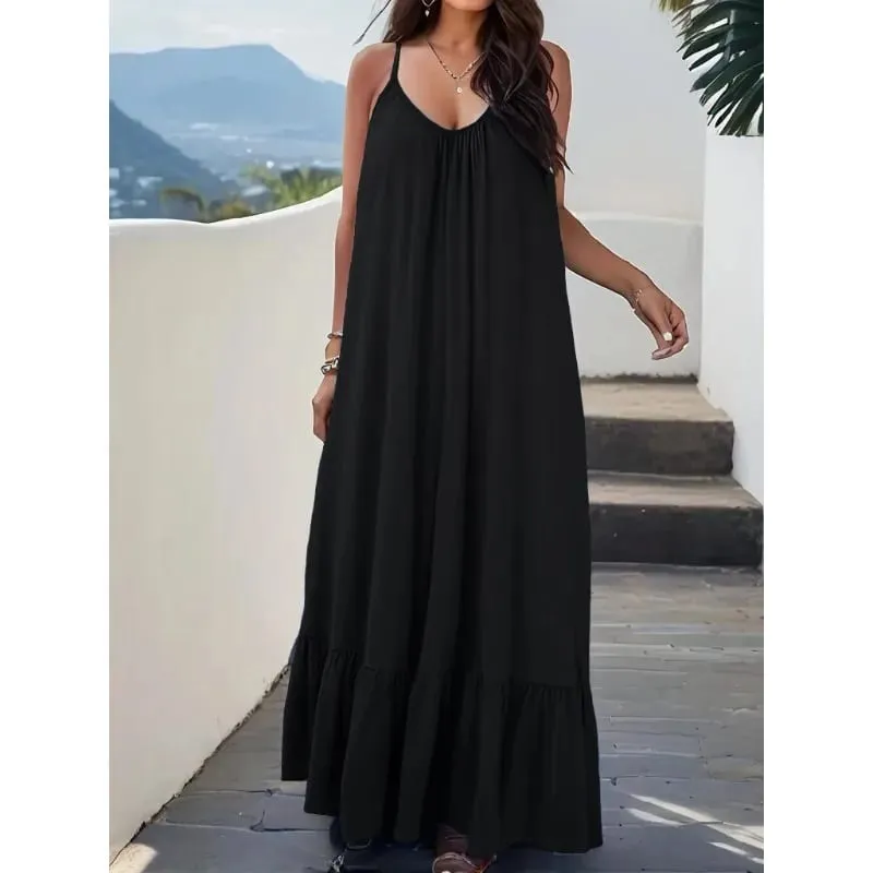 Summer Dresses 2026 New Solid Color Spaghetti Strap Maxi Dress Women V Neck For Beach Party Resort Daily Matching Outfit