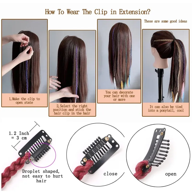 Synthetic 5 Pcs/Lot Clip-in Extensions For Women Ponytail Rainbow Braid Hair Extension 22'' Ombre Hairpiece Box Braid With Clip